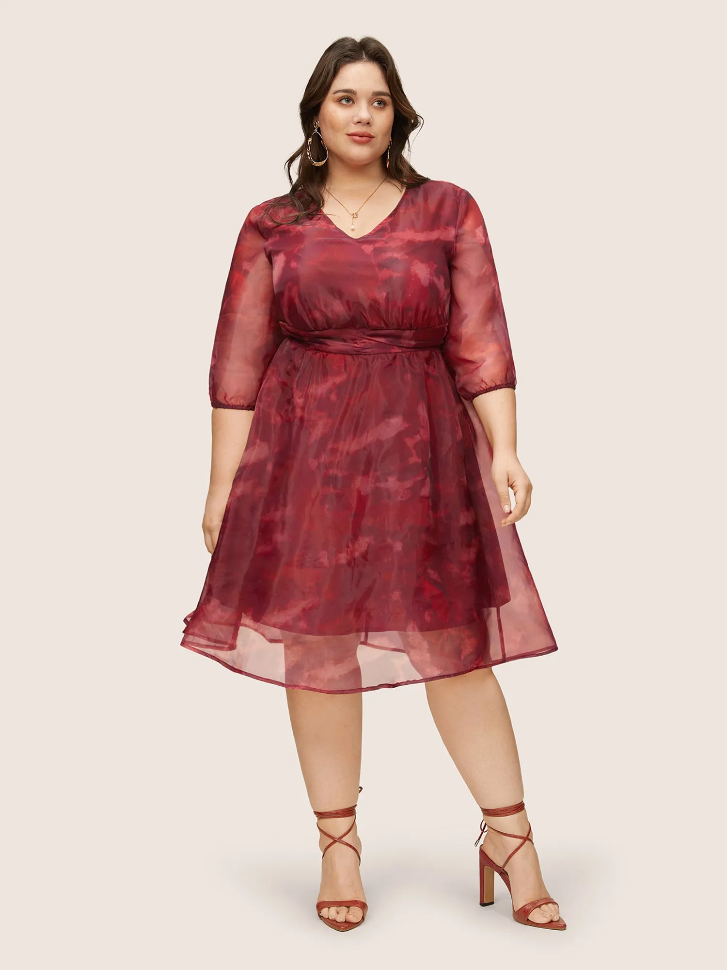 Pixel Flower Mesh Gathered Lantern Sleeve Dress sold by Bloomchic product image thumbnail 2