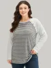 Striped Patchwork Button Detail Raglan Sleeve T-shirt sold by Bloomchic