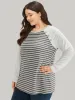 Striped Patchwork Button Detail Raglan Sleeve T-shirt sold by Bloomchic