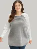 Striped Patchwork Button Detail Raglan Sleeve T-shirt sold by Bloomchic