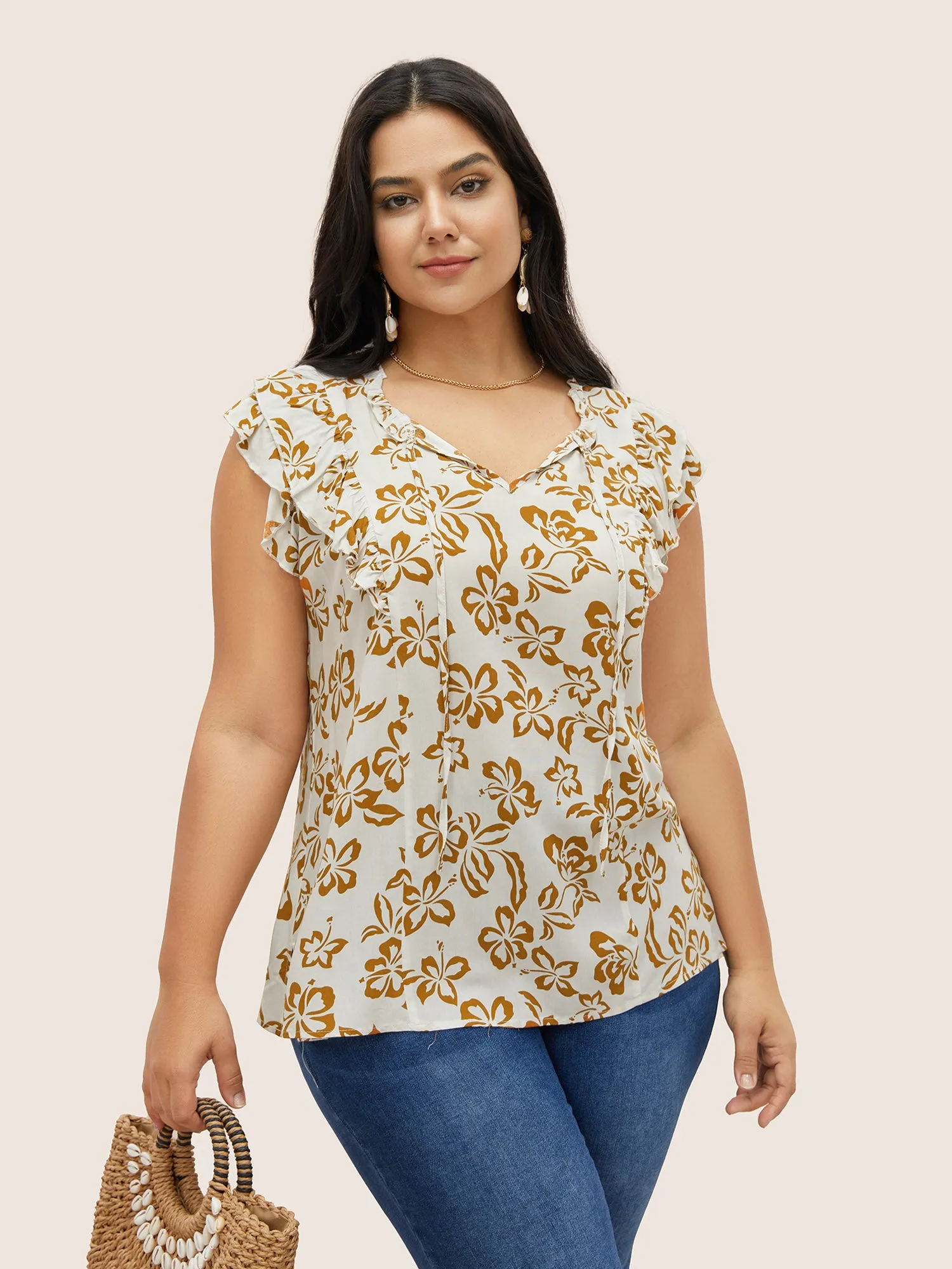 Silhouette Floral Print Tiered Ruffle Cap Sleeve Blouse sold by Bloomchic