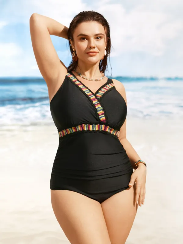 Overlap Collar Contrast Webbing Gathered One Piece Swimsuit sold by Bloomchic