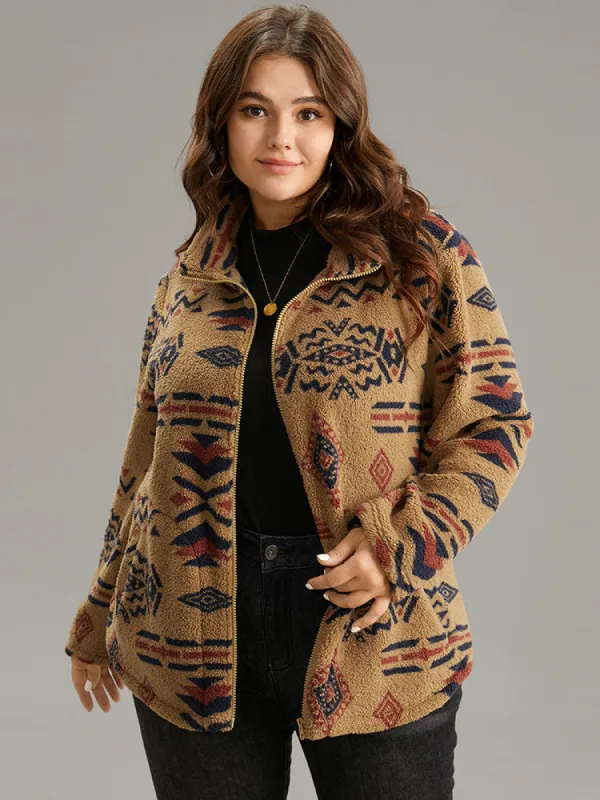 Boho Print Pocket Zipper Teddy Jacket sold by Bloomchic