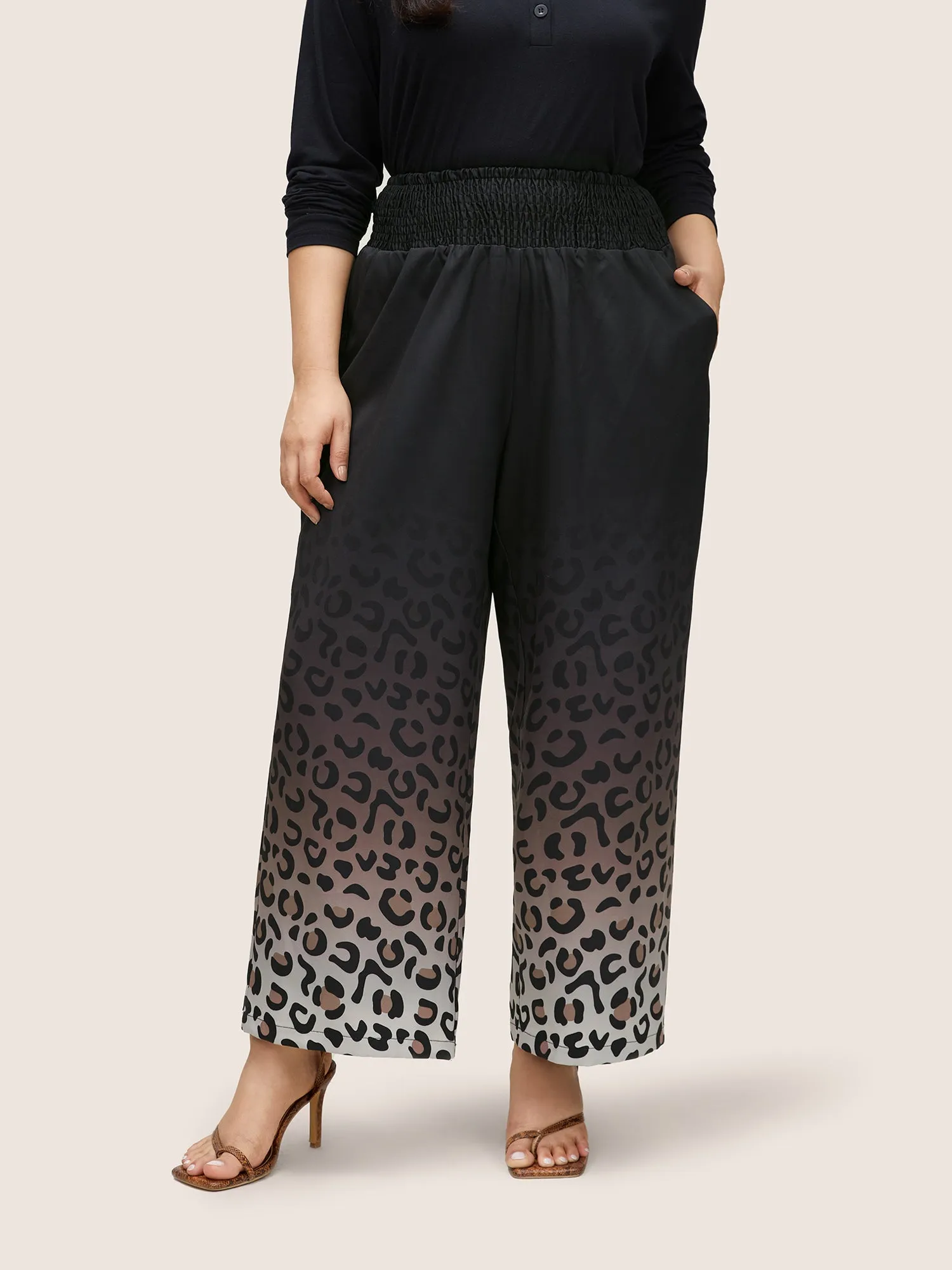Ombre Leopard Shirred Elastic Waist Pants sold by Bloomchic