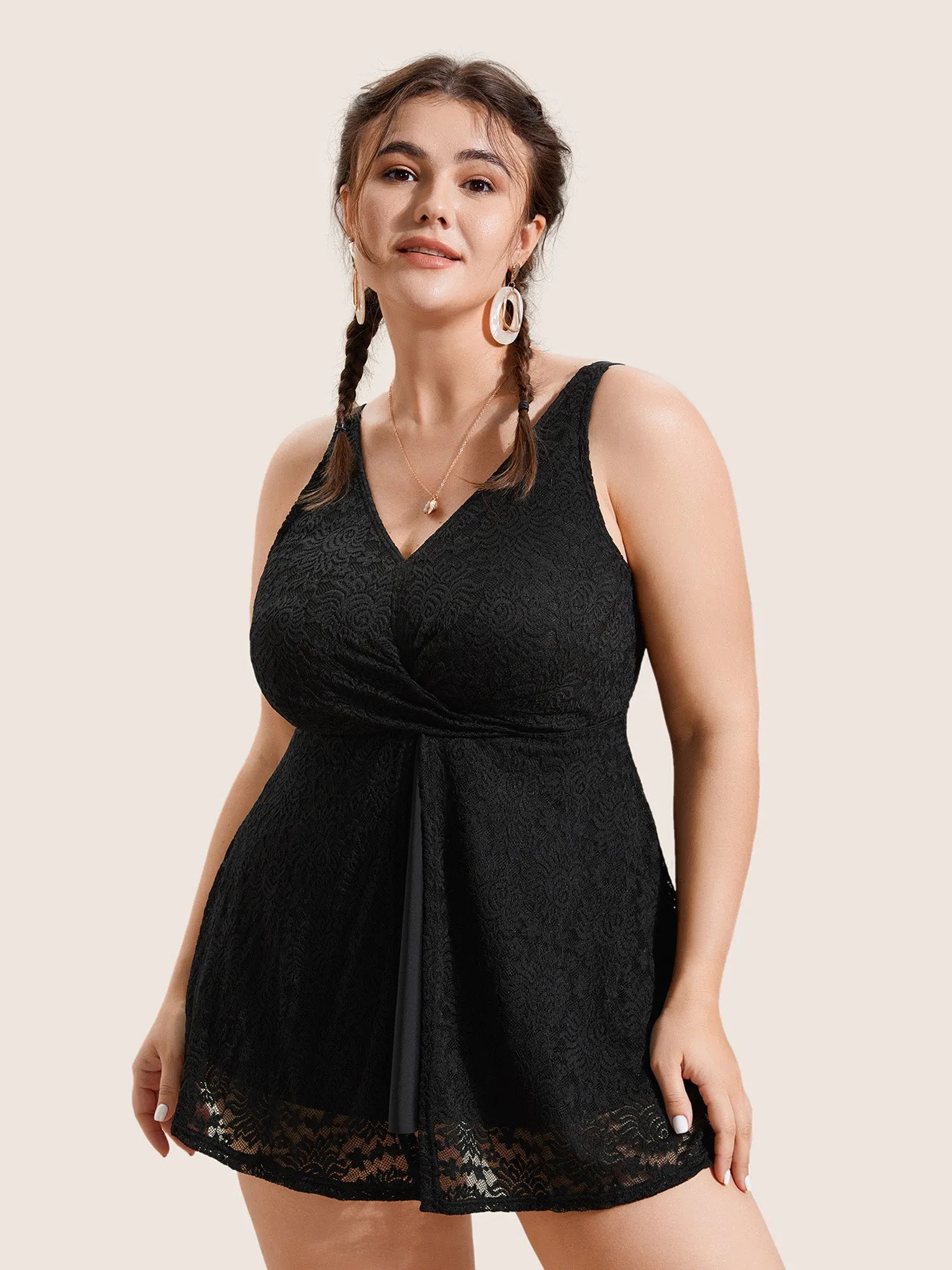 V Neck Lace Insert Gathered Swim Top sold by Bloomchic