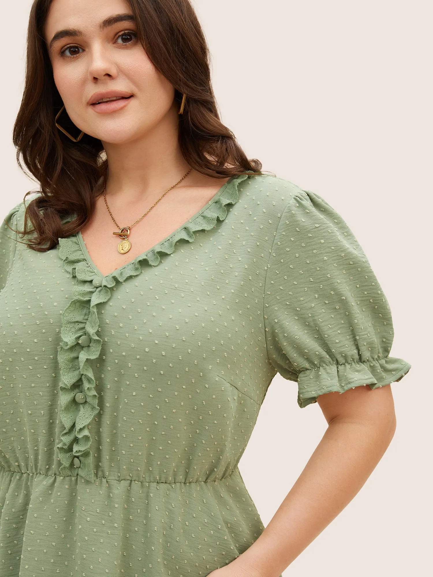 Solid Textured Frill Trim Puff Sleeve Blouse sold by Bloomchic product image thumbnail 4