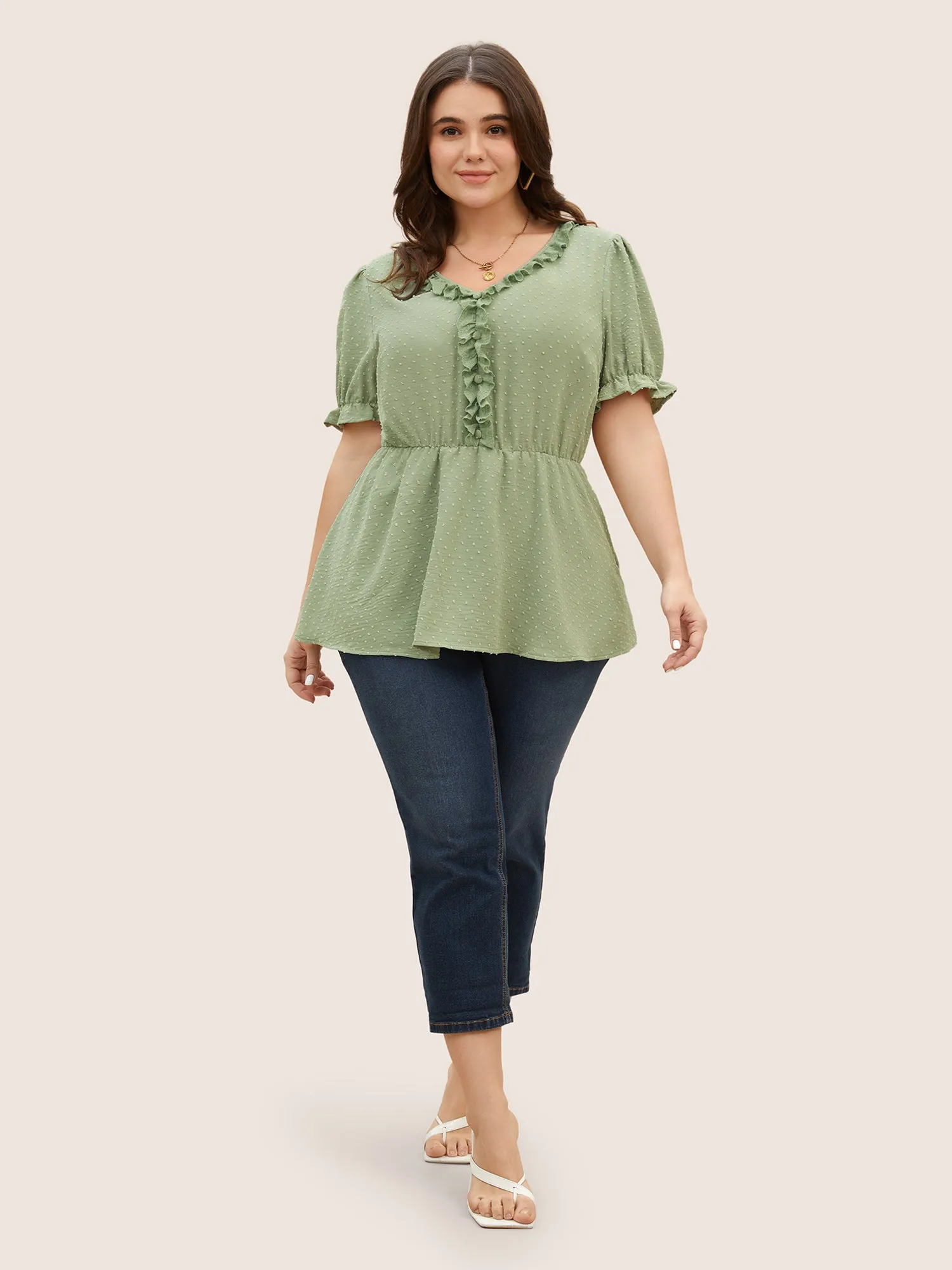 Solid Textured Frill Trim Puff Sleeve Blouse sold by Bloomchic product image thumbnail 2