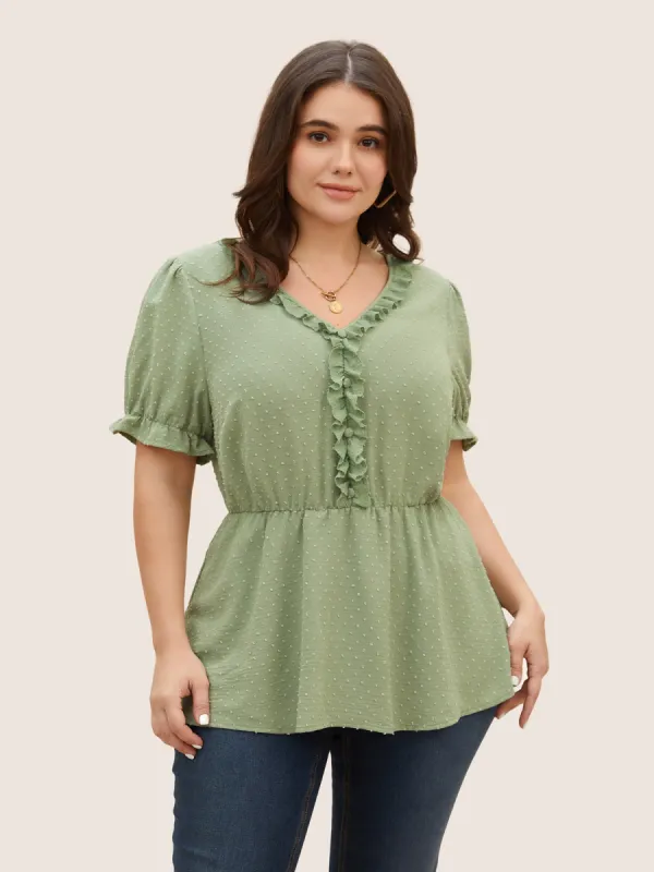Solid Textured Frill Trim Puff Sleeve Blouse sold by Bloomchic