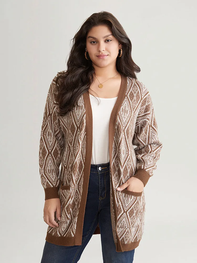 Geometric Graphic Patched Pocket Jacquard Cardigan sold by Bloomchic