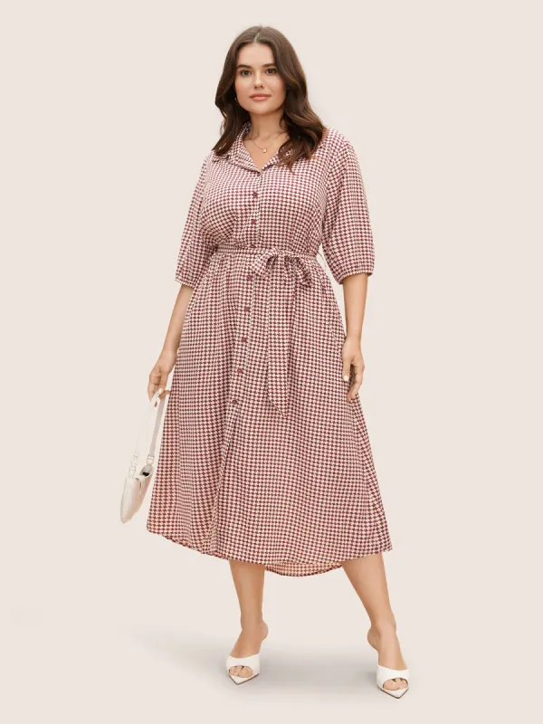 Shirt Collar Geometric Lantern Sleeve Belted Dress sold by Bloomchic