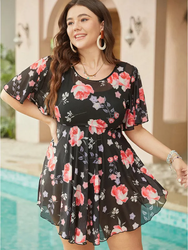Floral Mesh Ruffle Sleeve Cut Out Adjustable Straps Swim Dress sold by Bloomchic