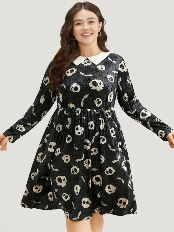 Halloween Velvet Skull Print Elastic Waist Dress sold by Bloomchic