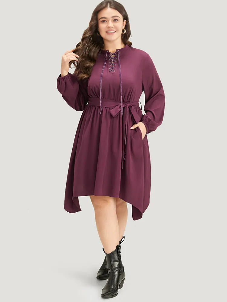 Halloween Plain Lantern Sleeve Belted Lace Up Asymmetrical Hem Dress sold by Bloomchic product image thumbnail 4