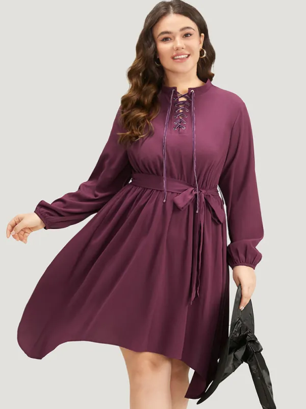 Halloween Plain Lantern Sleeve Belted Lace Up Asymmetrical Hem Dress sold by Bloomchic