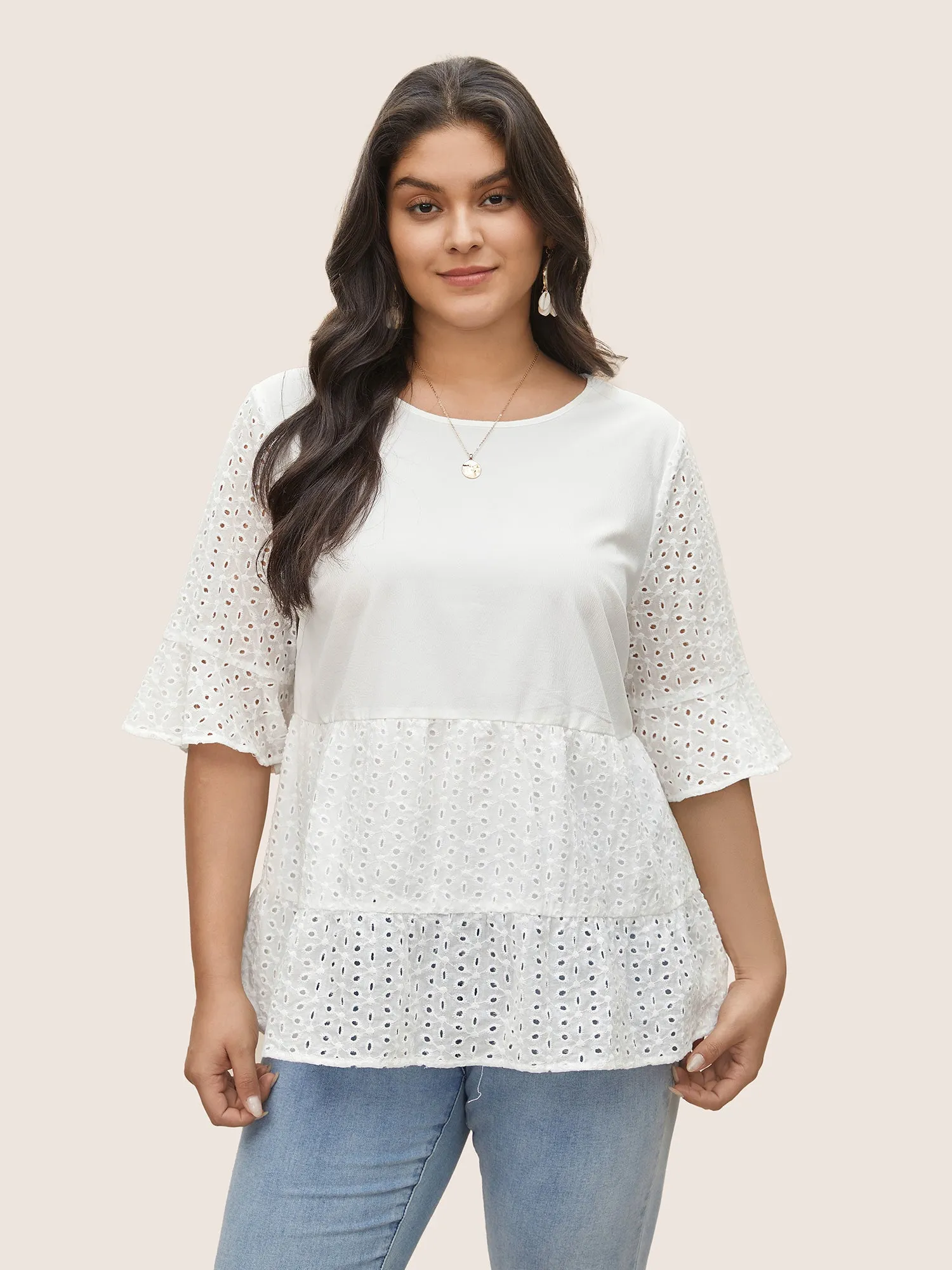 Broderie Anglaise Patchwork Flutter Sleeve Blouse sold by Bloomchic