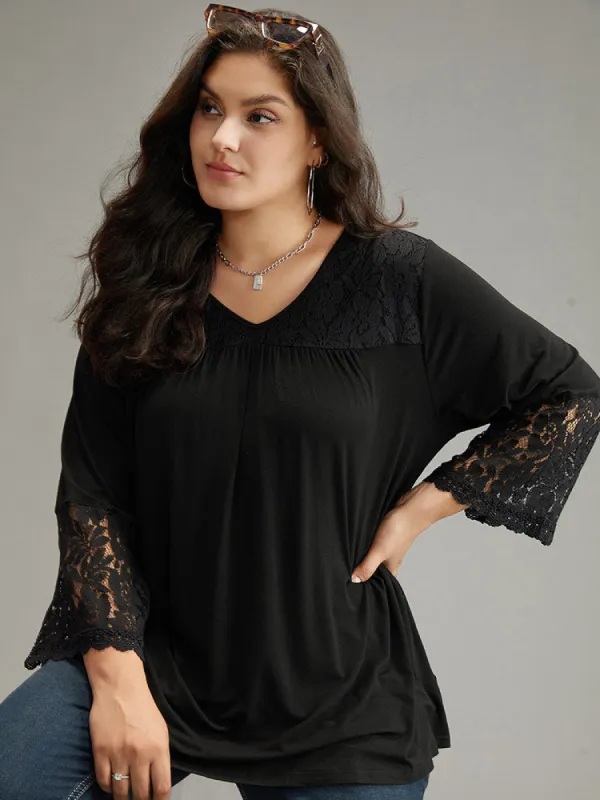 Solid Lace Insert V Neck T-shirt sold by Bloomchic