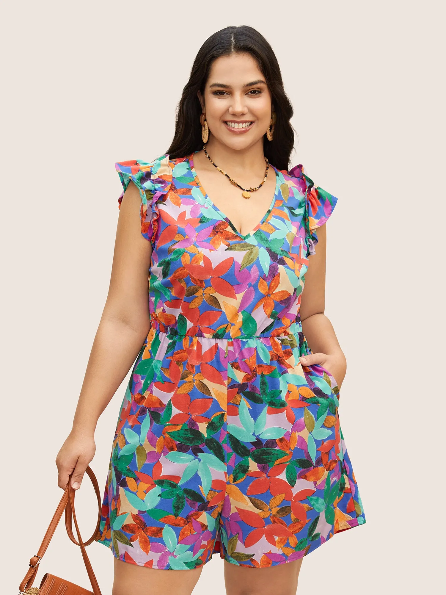 Colored Plants Print Ruffle Trim Jumpsuit sold by Bloomchic