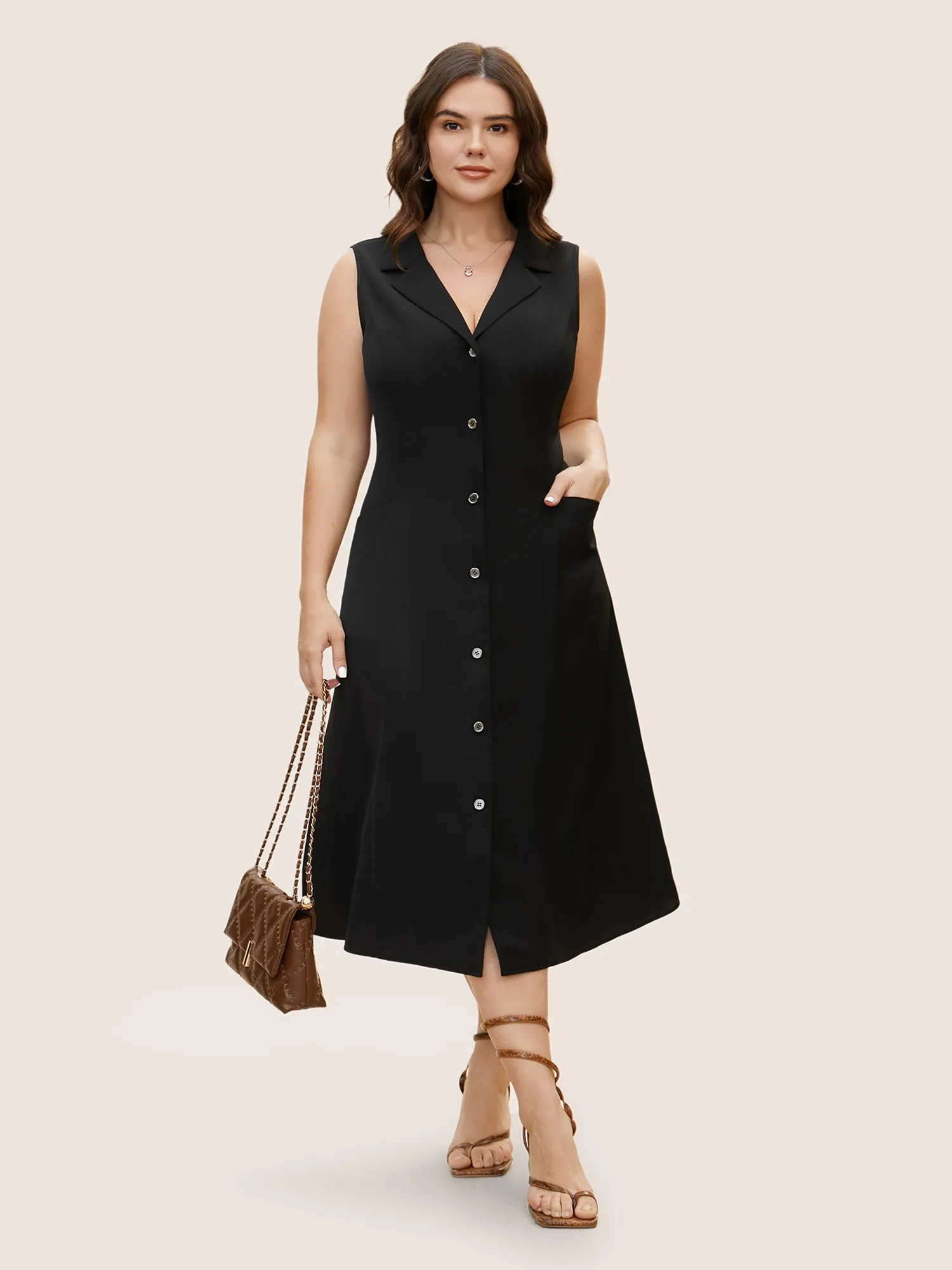 Suit Collar Button Through Sleeveless Midi Dress sold by Bloomchic