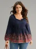 Boho Print Lantern Sleeve Tie Neck Elastic Waist Blouse sold by Bloomchic