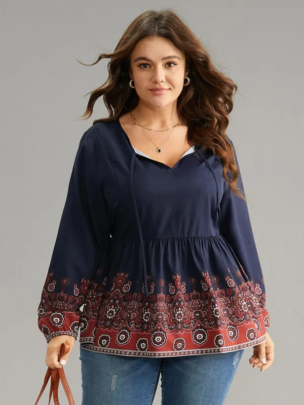 Boho Print Lantern Sleeve Tie Neck Elastic Waist Blouse sold by Bloomchic
