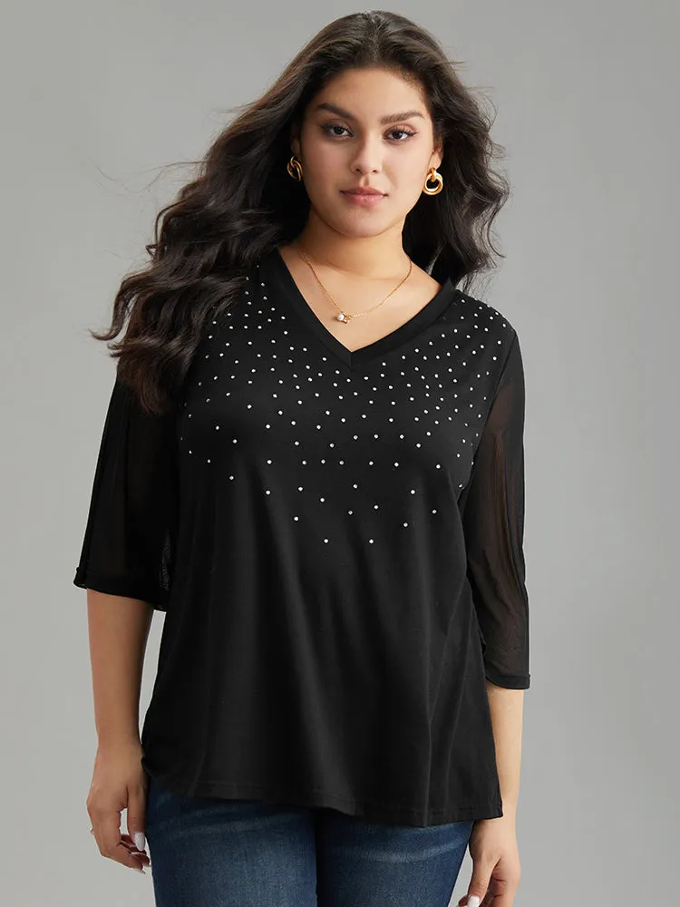 Plain Patchwork Mesh Rhinestone Detailing T-shirt sold by Bloomchic