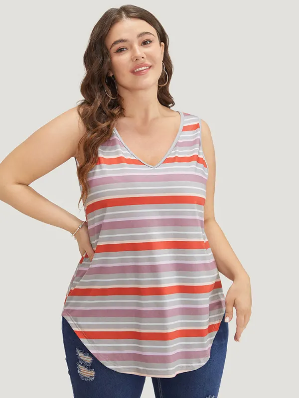 Striped Contrast V Neck Arc Hem Tank Top sold by Bloomchic