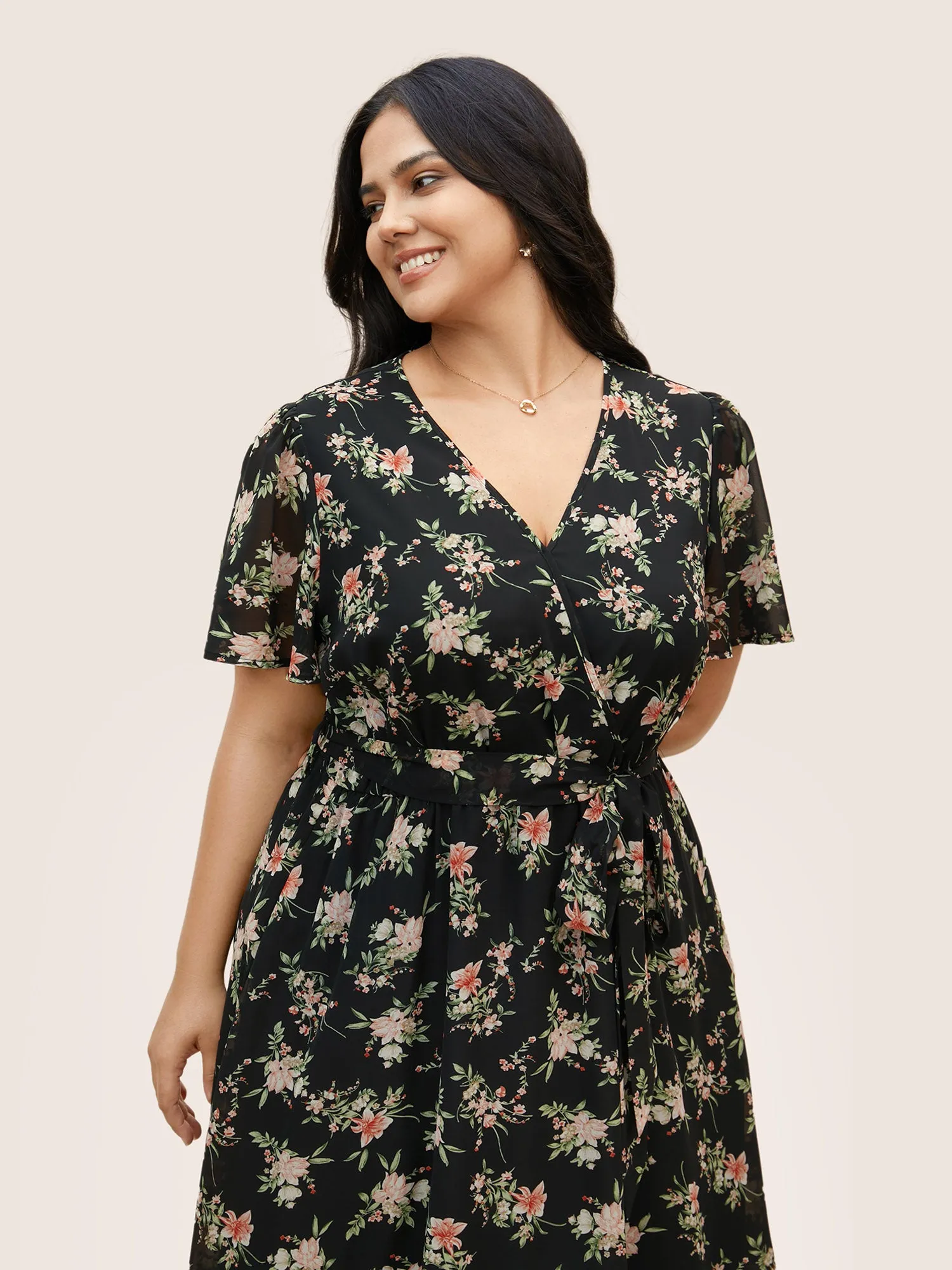 Surplice Neck Chiffon Floral Belted Dress sold by Bloomchic product image thumbnail 4