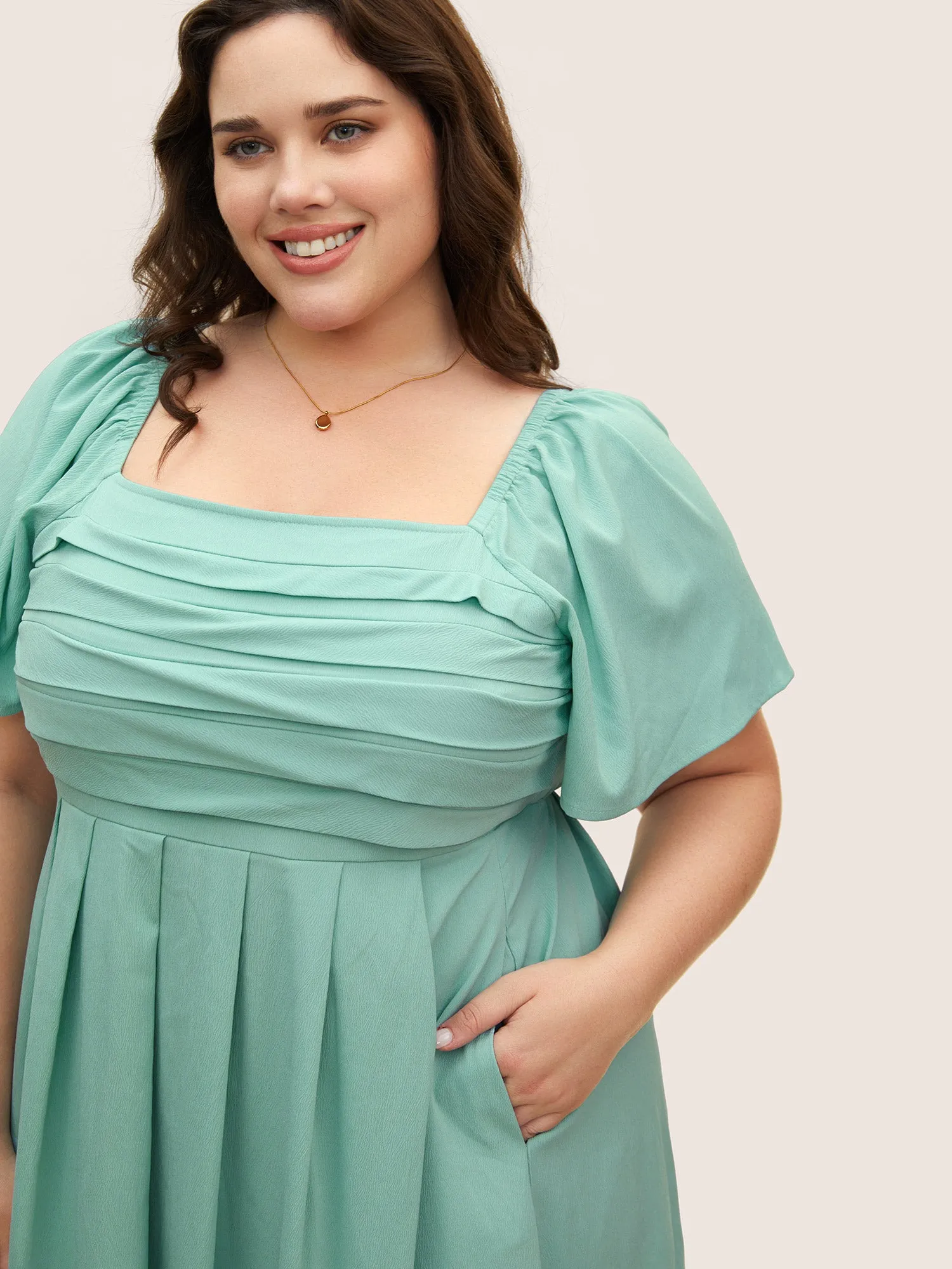 Square Neck Solid Pleated Ruffle Sleeve Dress sold by Bloomchic product image thumbnail 4