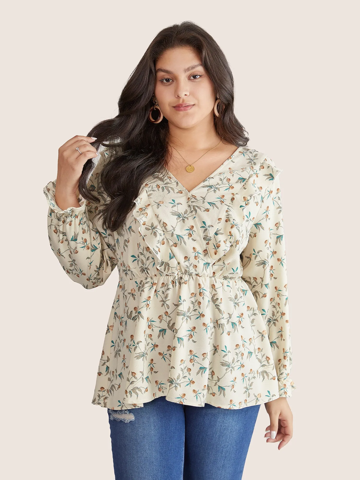 Ditsy Floral Overlap Collar Ruffle Trim Blouse sold by Bloomchic