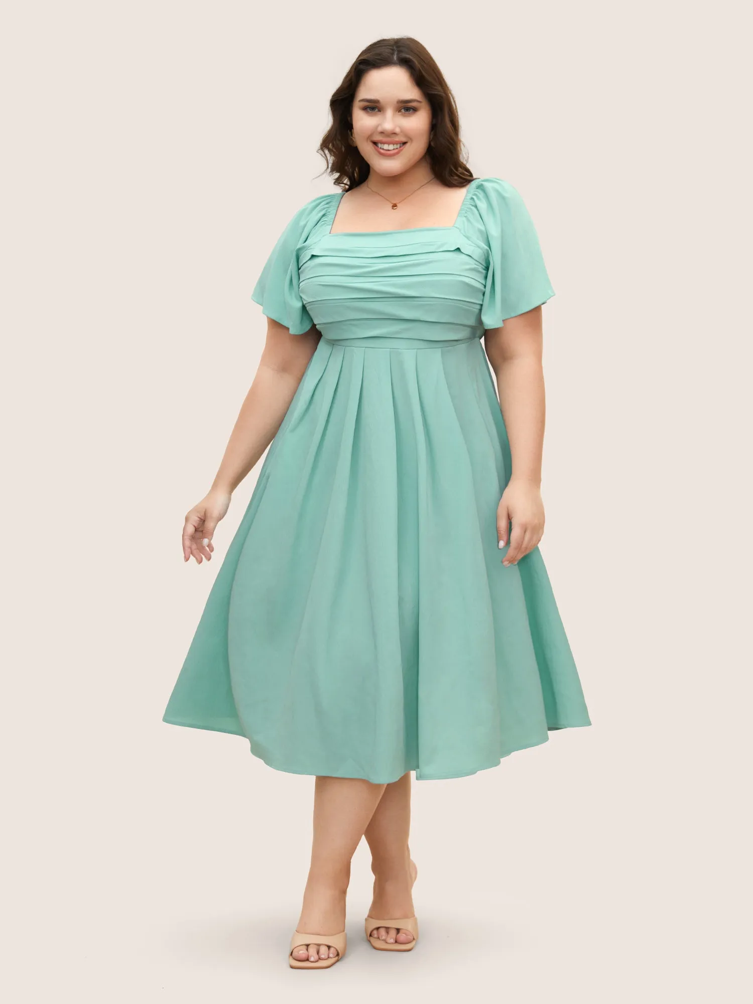Square Neck Solid Pleated Ruffle Sleeve Dress sold by Bloomchic product image thumbnail 2