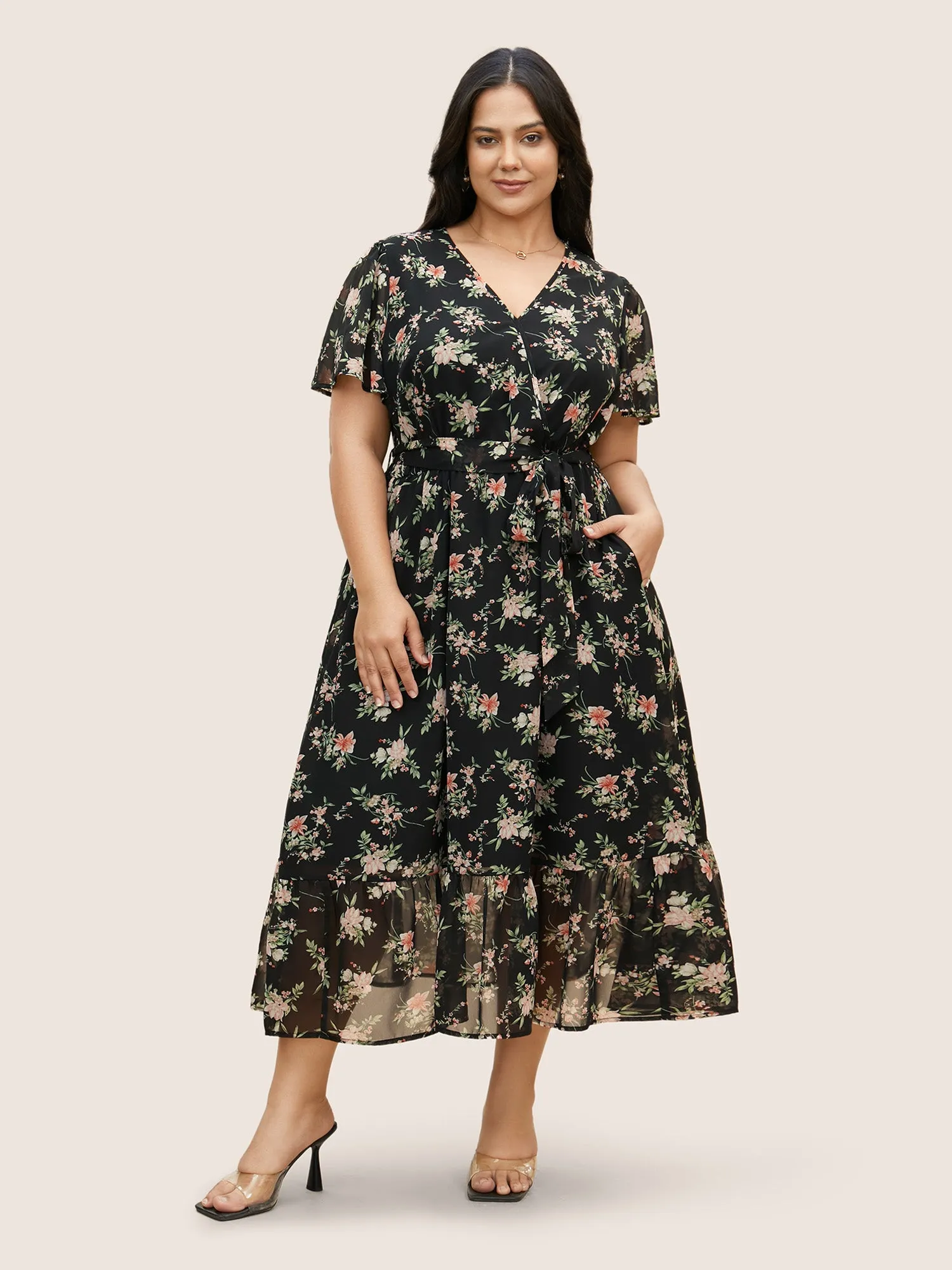 Surplice Neck Chiffon Floral Belted Dress sold by Bloomchic product image thumbnail 2