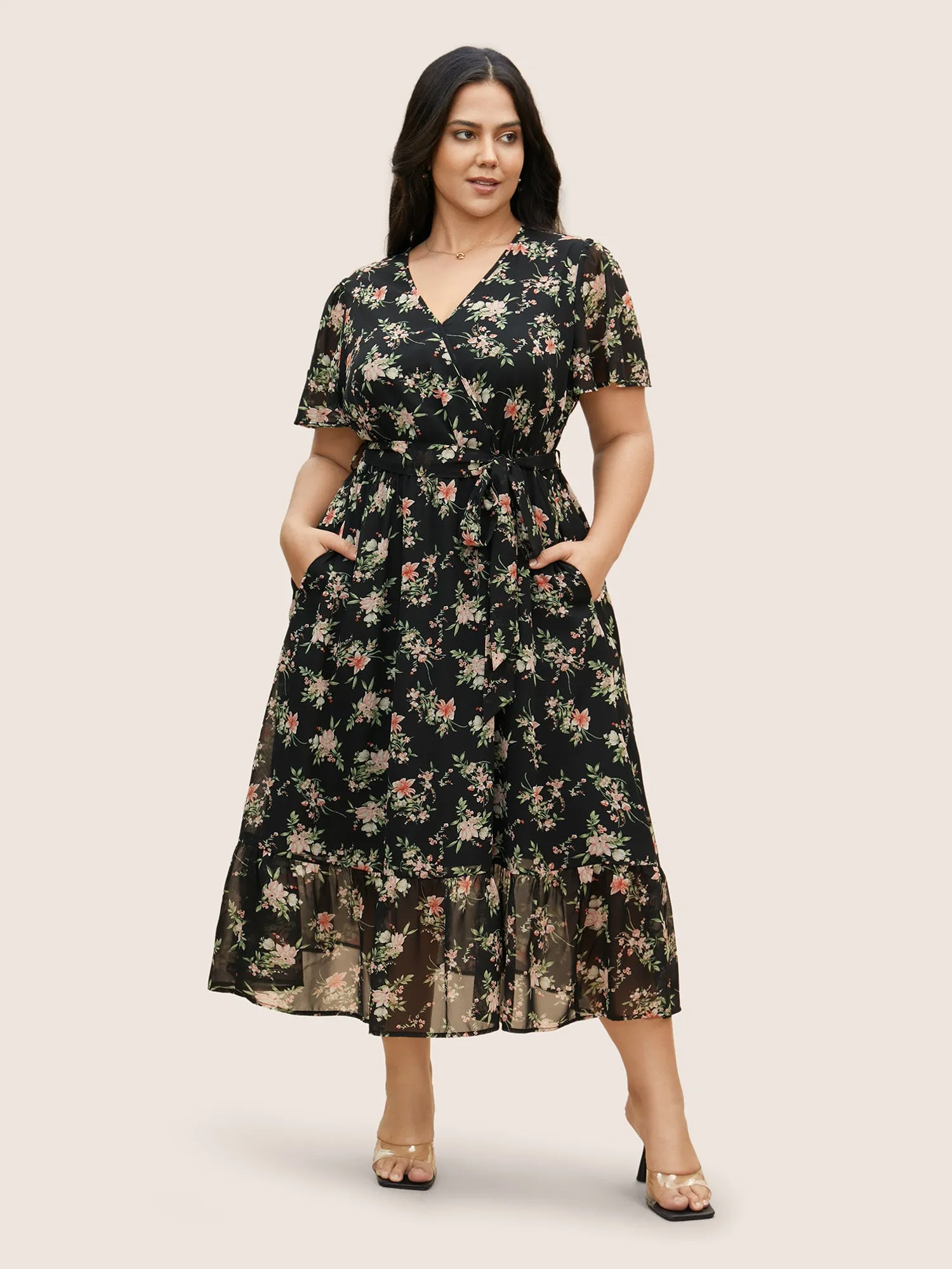 Surplice Neck Chiffon Floral Belted Dress sold by Bloomchic