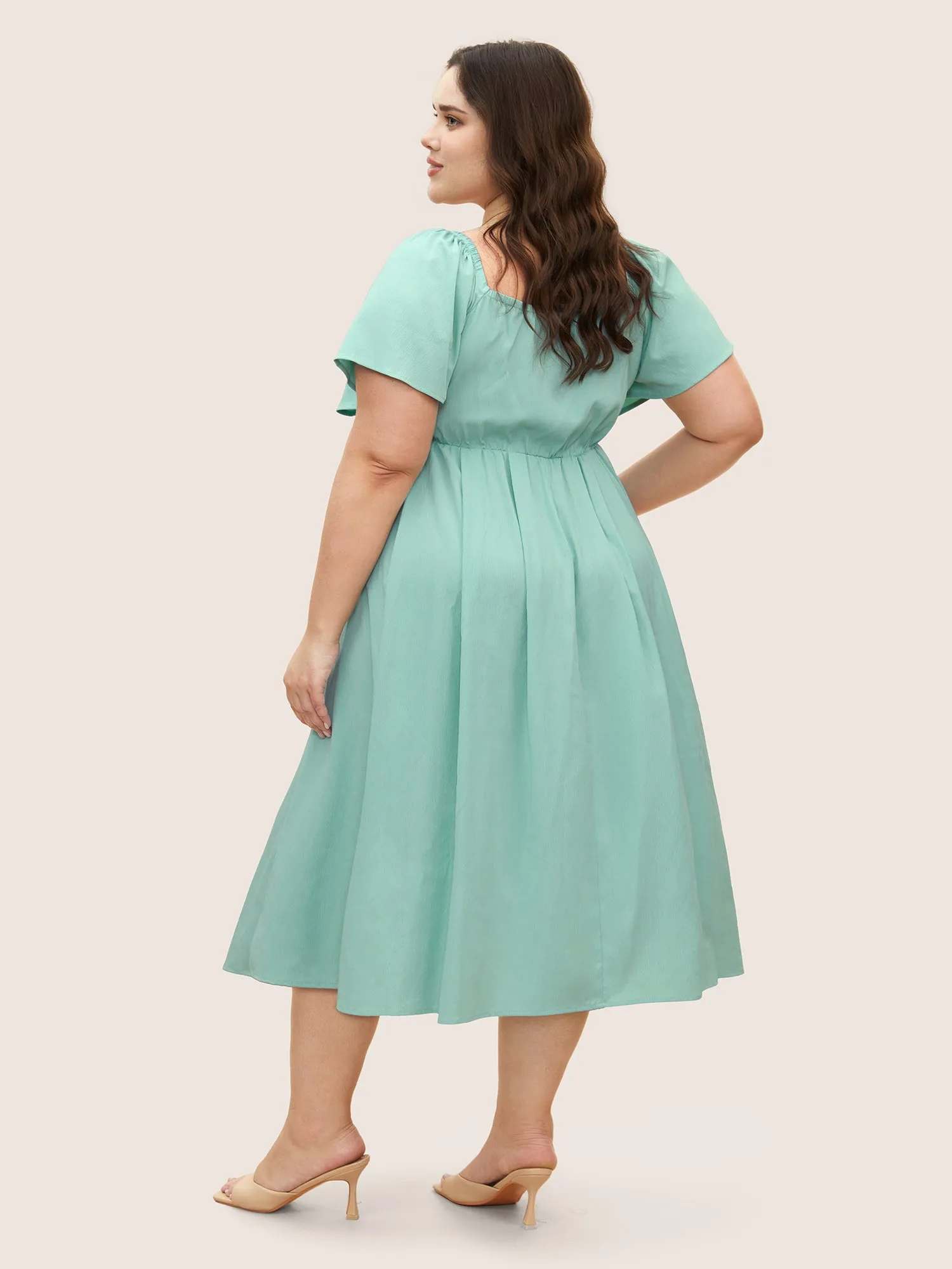 Square Neck Solid Pleated Ruffle Sleeve Dress sold by Bloomchic product image thumbnail 3