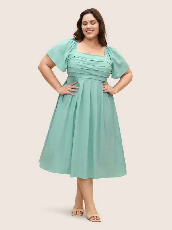 Square Neck Solid Pleated Ruffle Sleeve Dress sold by Bloomchic