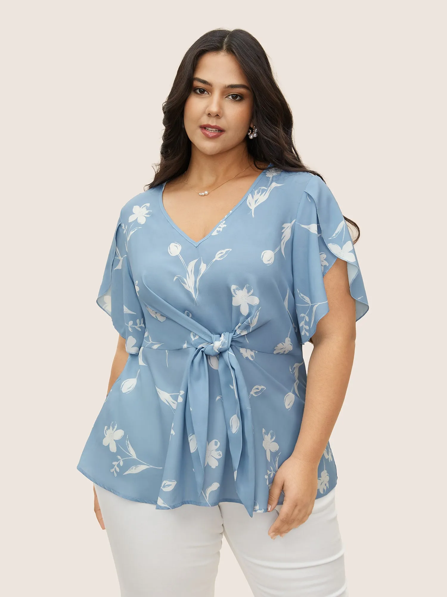 Floral Tie Knot Petal Sleeve Blouse sold by Bloomchic