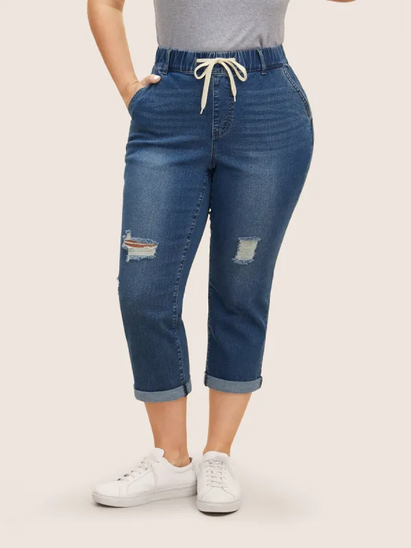 Medium Wash Drawstring Distressed Roll Hem Jeans sold by Bloomchic