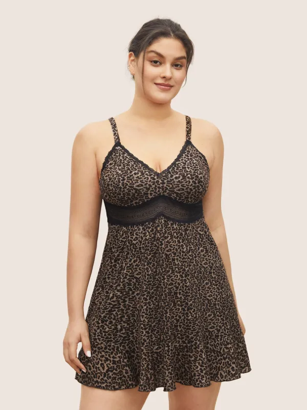 Leopard Lace Patchwork Mesh Cami Sleep Dress sold by Bloomchic