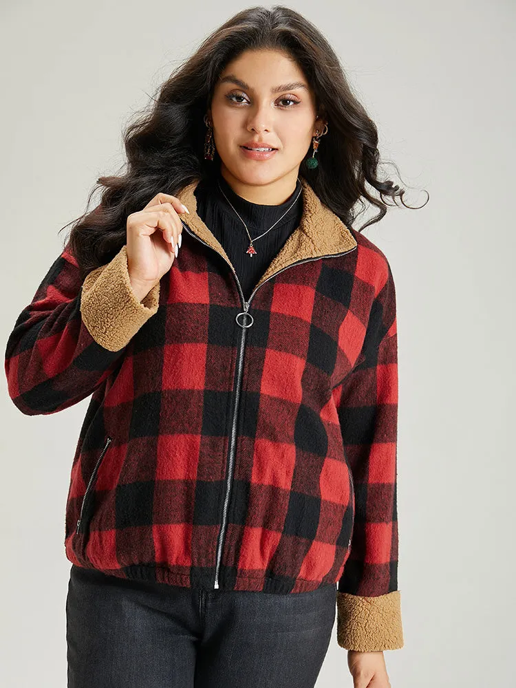 Plaid Patchwork Zipper Contrast Pocket Jacket sold by Bloomchic
