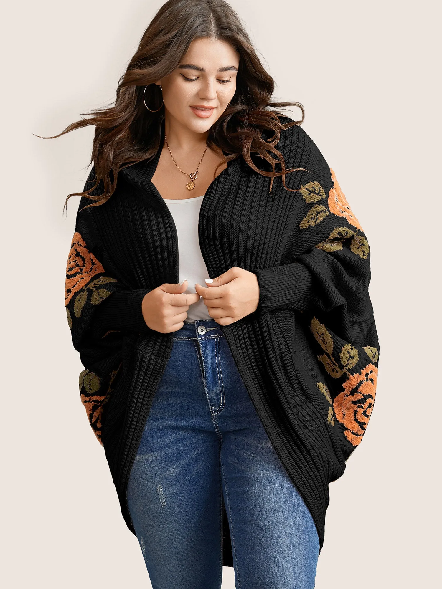 Floral Jacquard Batwing Sleeve Open Front Cardigan sold by Bloomchic product image thumbnail 3