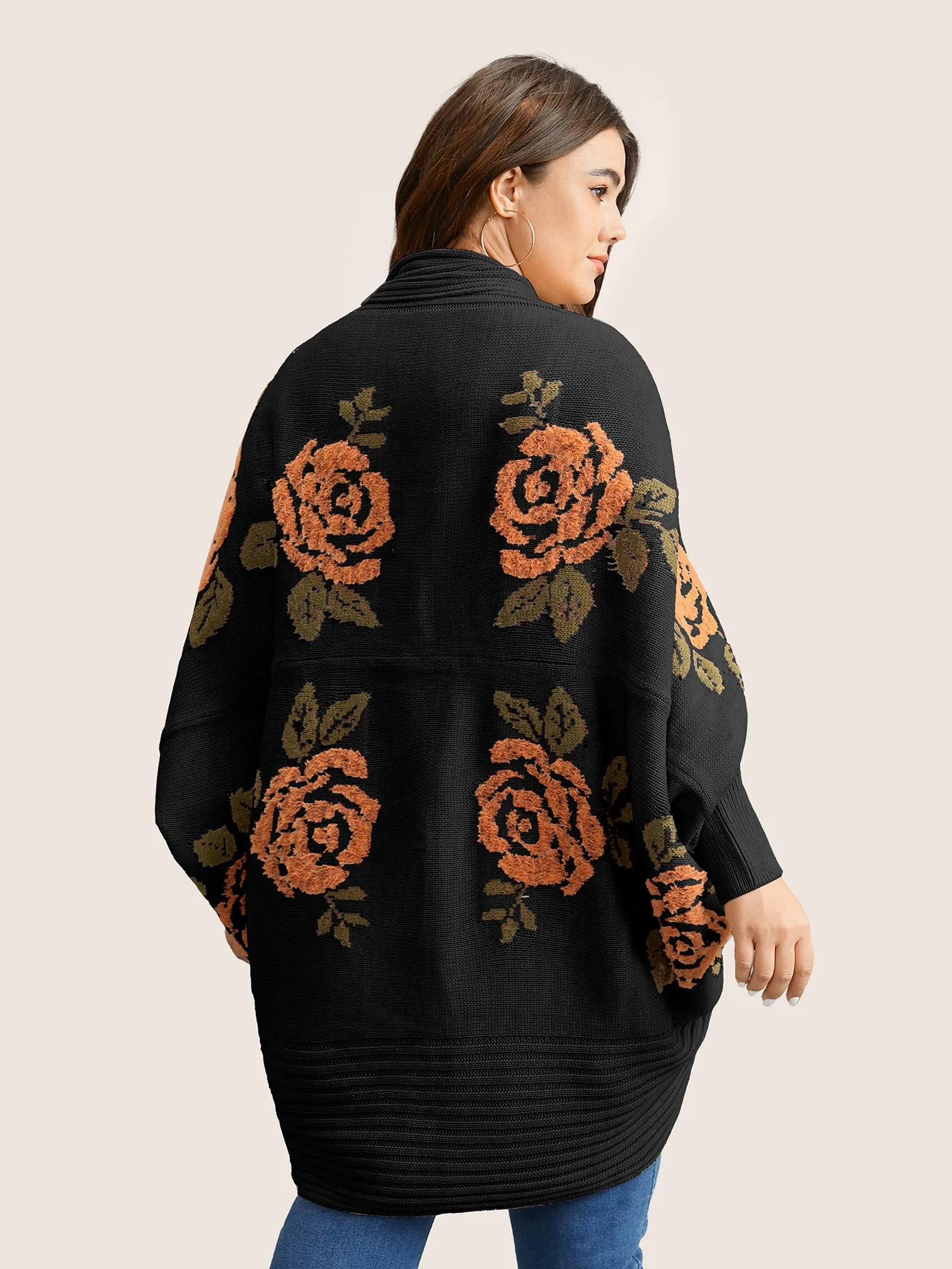 Floral Jacquard Batwing Sleeve Open Front Cardigan sold by Bloomchic product image thumbnail 2