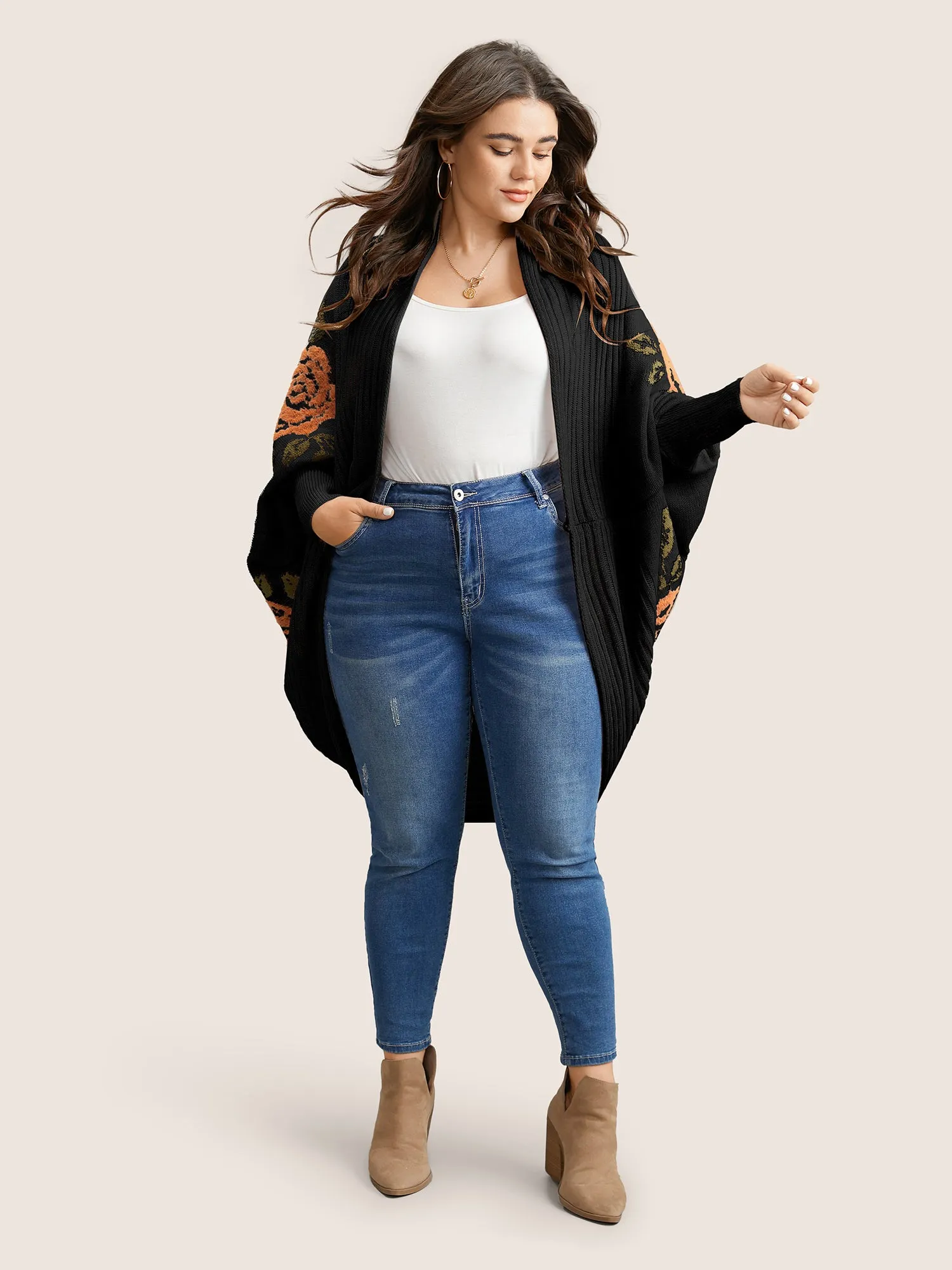 Floral Jacquard Batwing Sleeve Open Front Cardigan sold by Bloomchic product image thumbnail 4