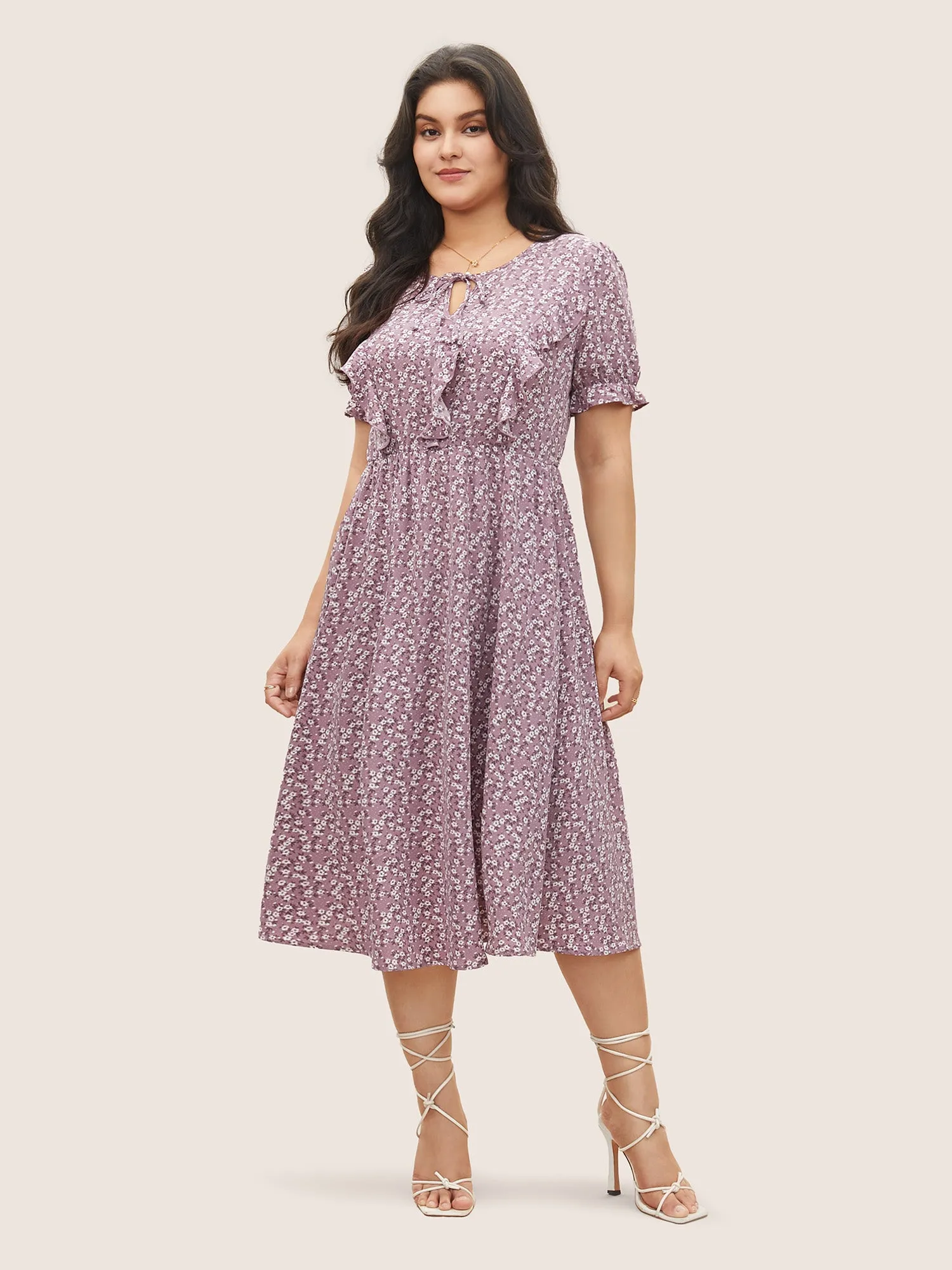 Ditsy Floral Ruffle Trim Ties Lantern Sleeve Dress sold by Bloomchic product image thumbnail 2