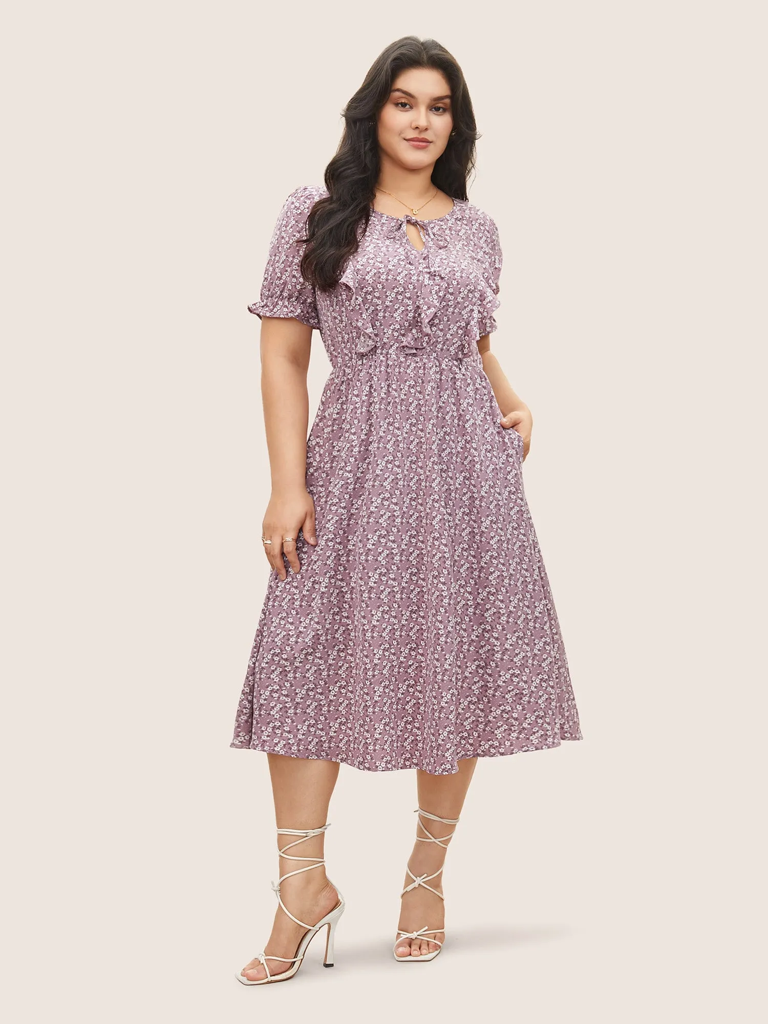 Ditsy Floral Ruffle Trim Ties Lantern Sleeve Dress sold by Bloomchic