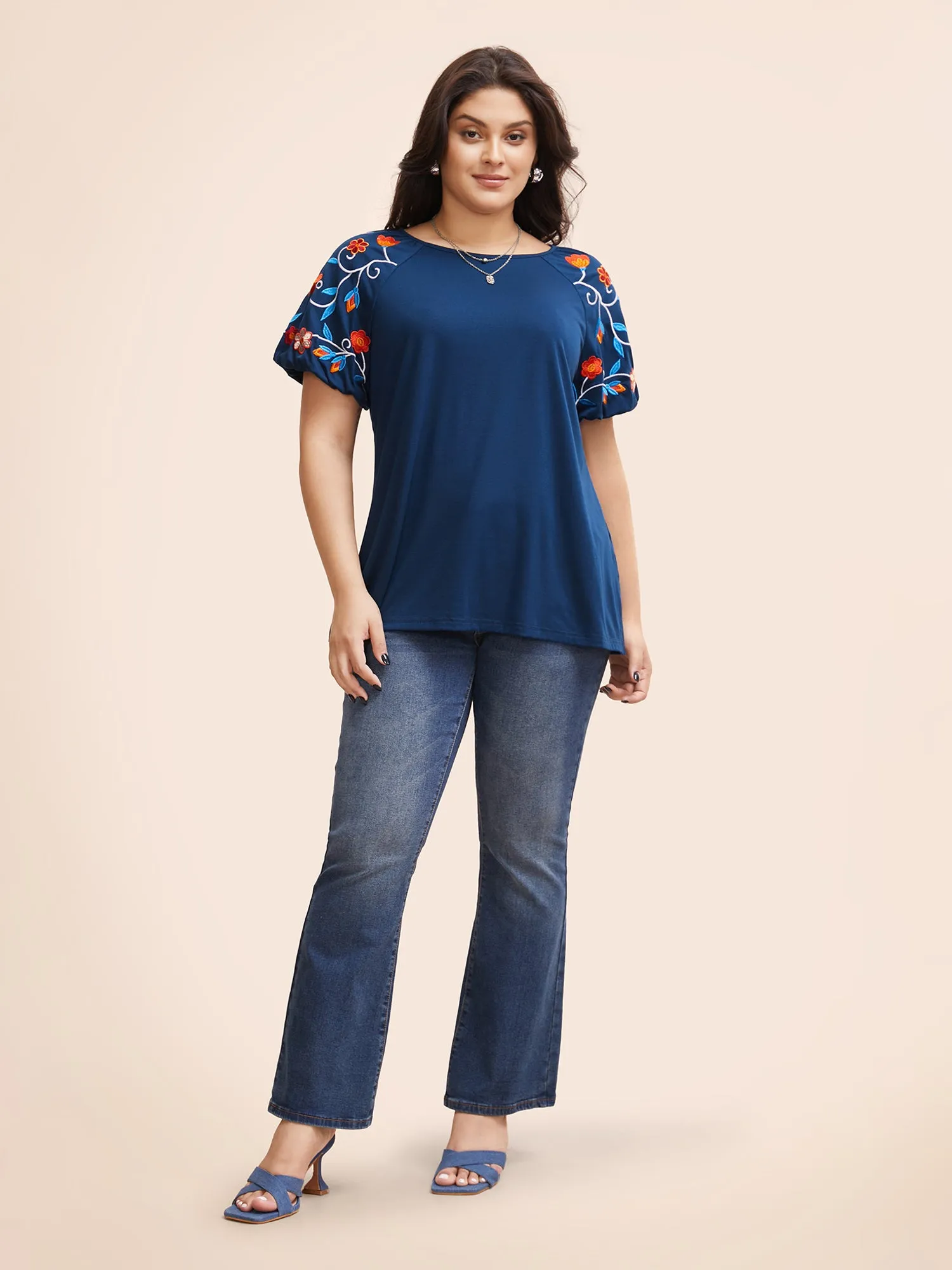 Floral Embroidered Lantern Sleeve T-shirt sold by Bloomchic product image thumbnail 2