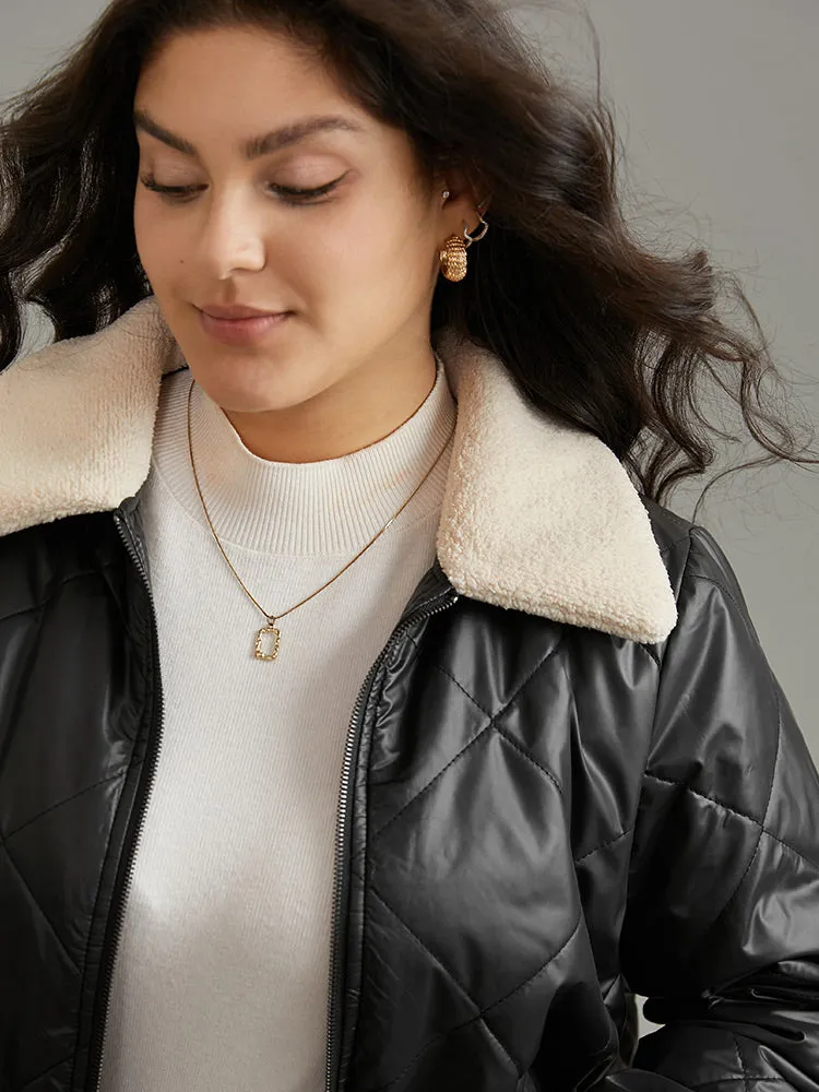 Fuzzy Trim Patchwork Zipper Quilted Jacket sold by Bloomchic product image thumbnail 5