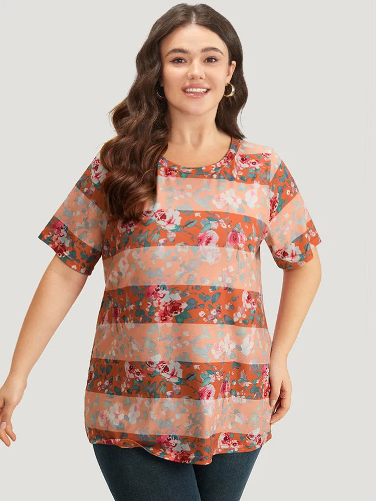 Halloween Floral Print Striped Crew Neck T-shirt sold by Bloomchic product image thumbnail 4