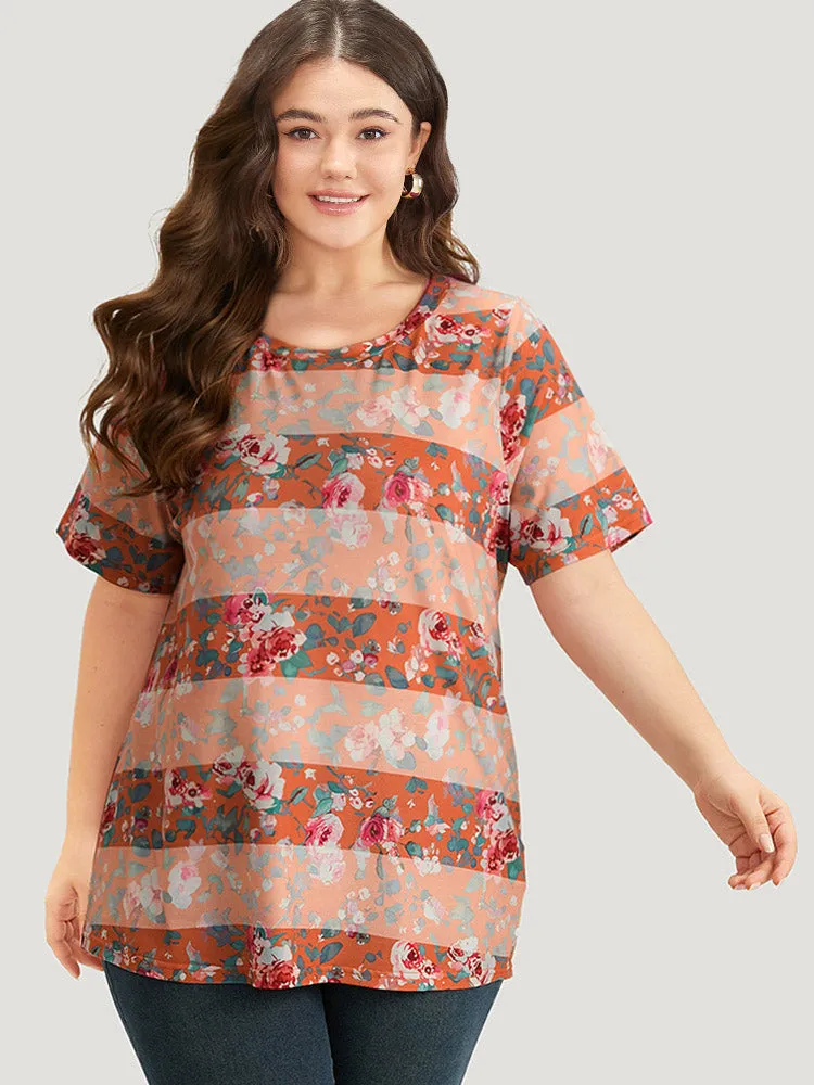 Halloween Floral Print Striped Crew Neck T-shirt sold by Bloomchic