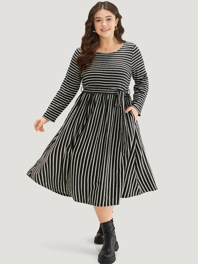 Striped Round Neck Belted Dress sold by Bloomchic