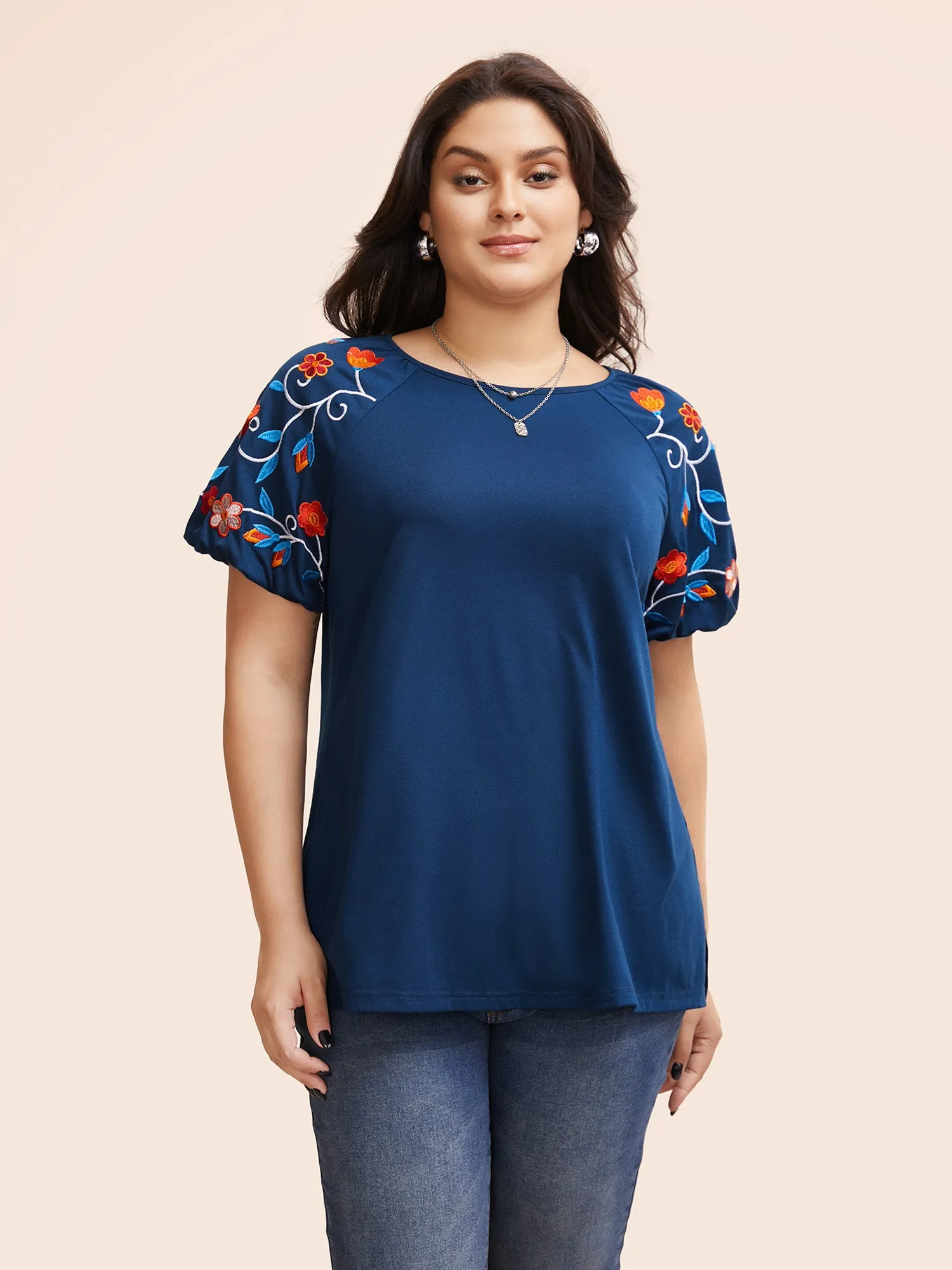 Floral Embroidered Lantern Sleeve T-shirt sold by Bloomchic
