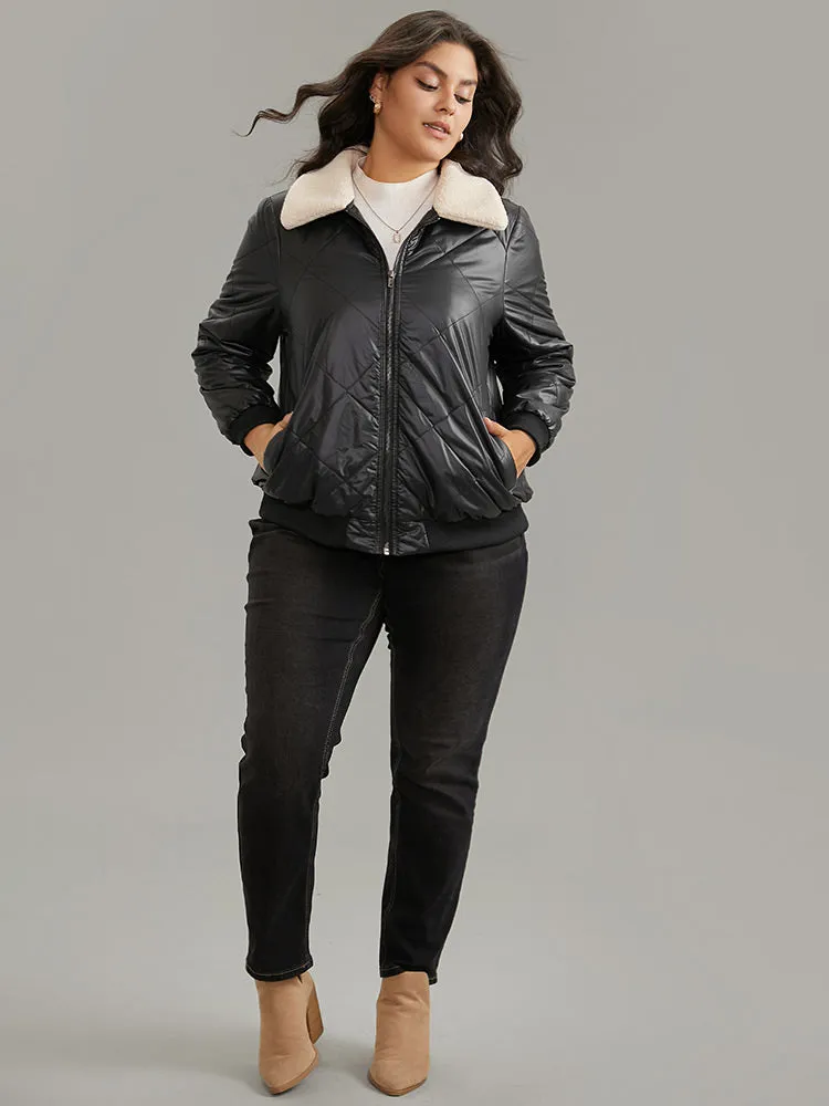 Fuzzy Trim Patchwork Zipper Quilted Jacket sold by Bloomchic product image thumbnail 3